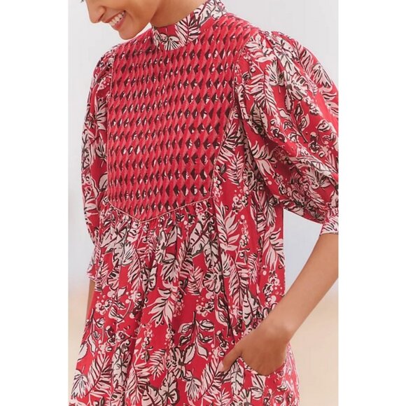 ANTHROPOLOGIE RO'S GARDEN Jamelia Puff-Sleeve Mini Dress Red Pattern Medium NWOT - Picture 5 of 13